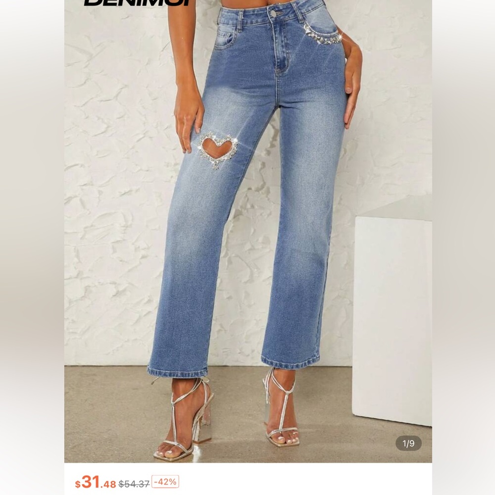 Heart Cut Out Rhinestone Jeans - Picture 2 of 7